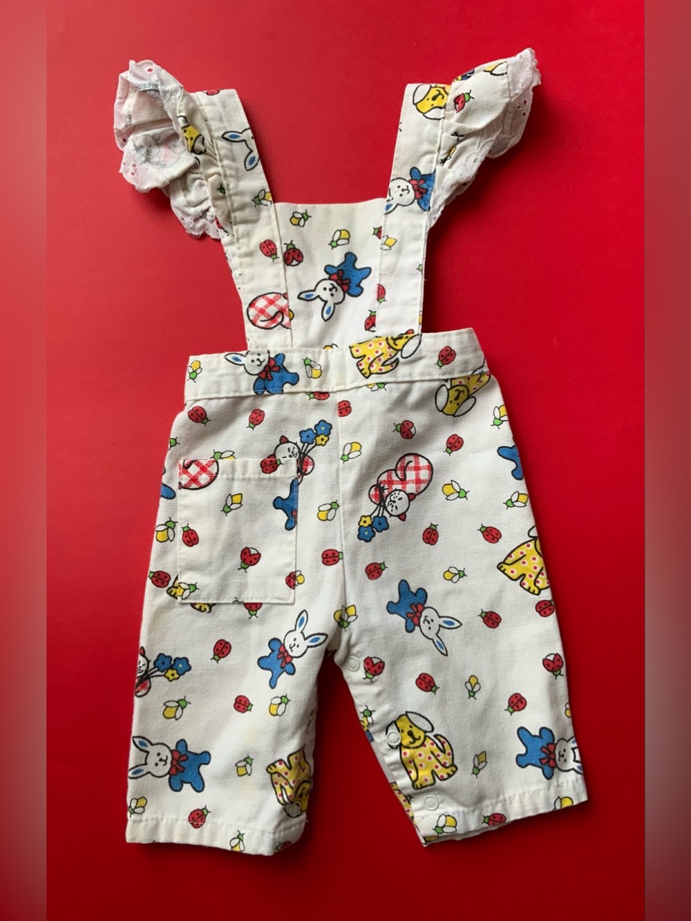 Sears Vintage 90s White Kids Bunny & Doggy Print Overalls